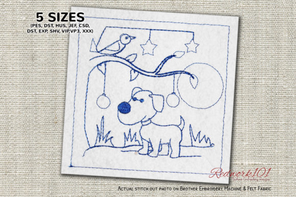Redwork Dog Near Tree